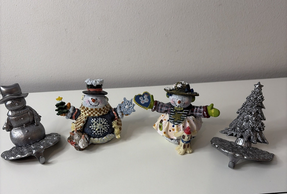 LOT Christmas Stocking Holders Set Xmas Tree & Snowman & Snowman & Lady Sculptur